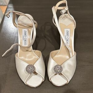Jimmy Choo Cream Satin Heels with Crystal Embellishment